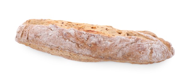 Photo of Freshly baked sourdough bread isolated on white, top view