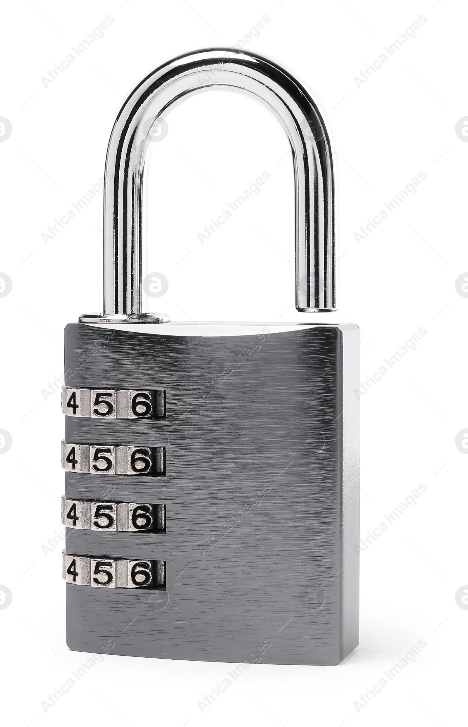 Photo of Locked steel combination padlock isolated on white