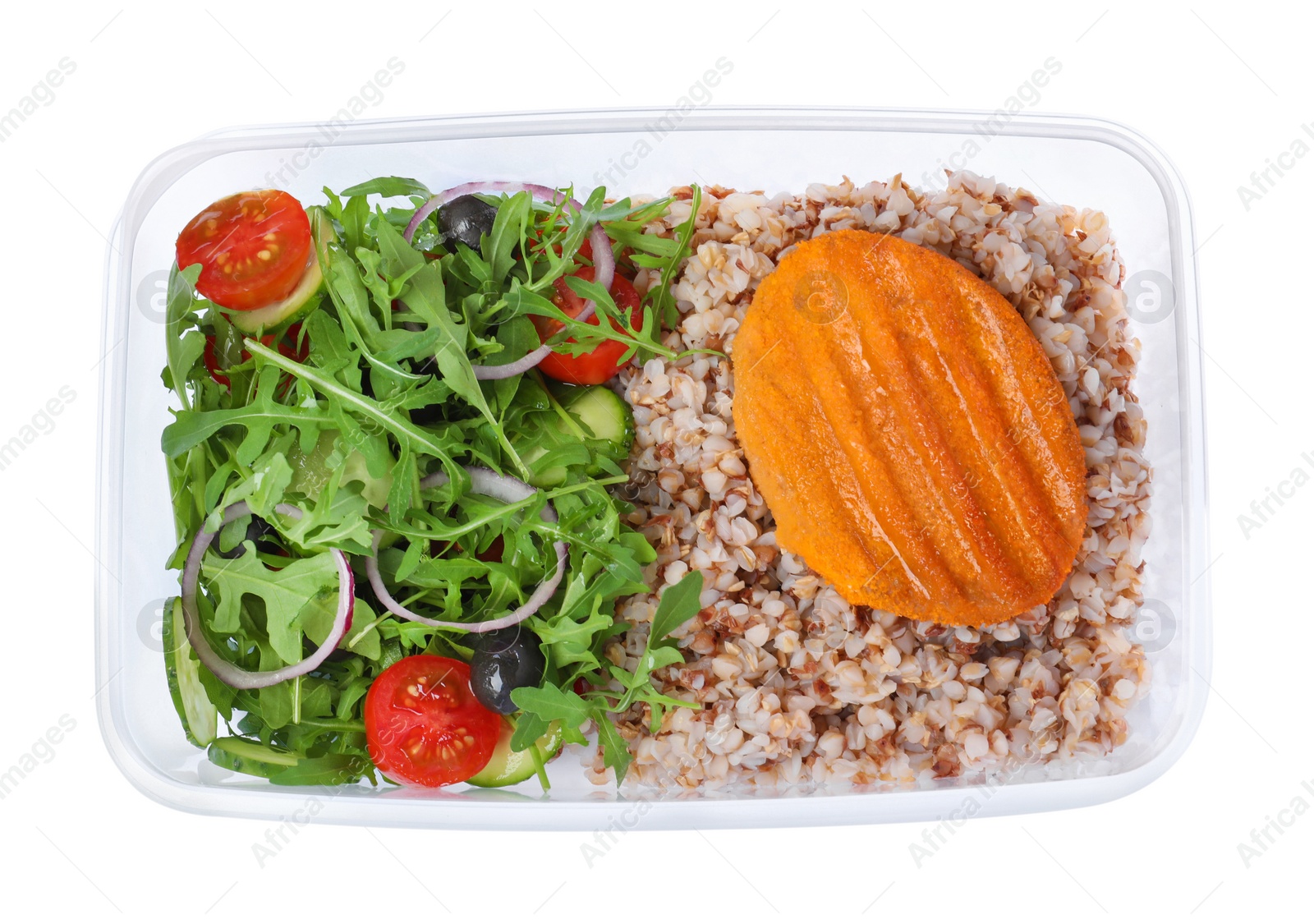 Photo of Tasty buckwheat with cutlet and salad in plastic container isolated on white, top view