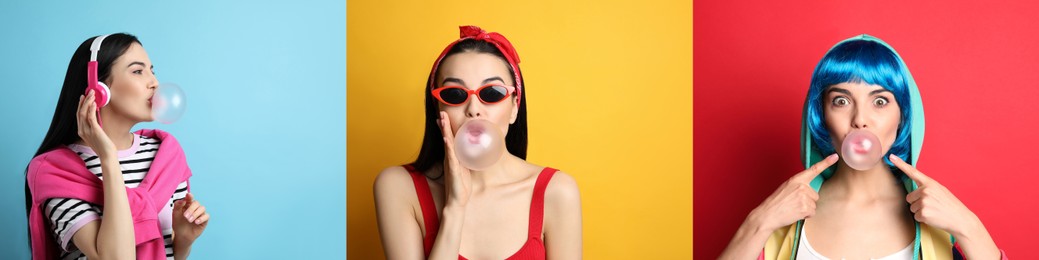 Image of Collage with photos of woman blowing bubblegum on color backgrounds, banner design