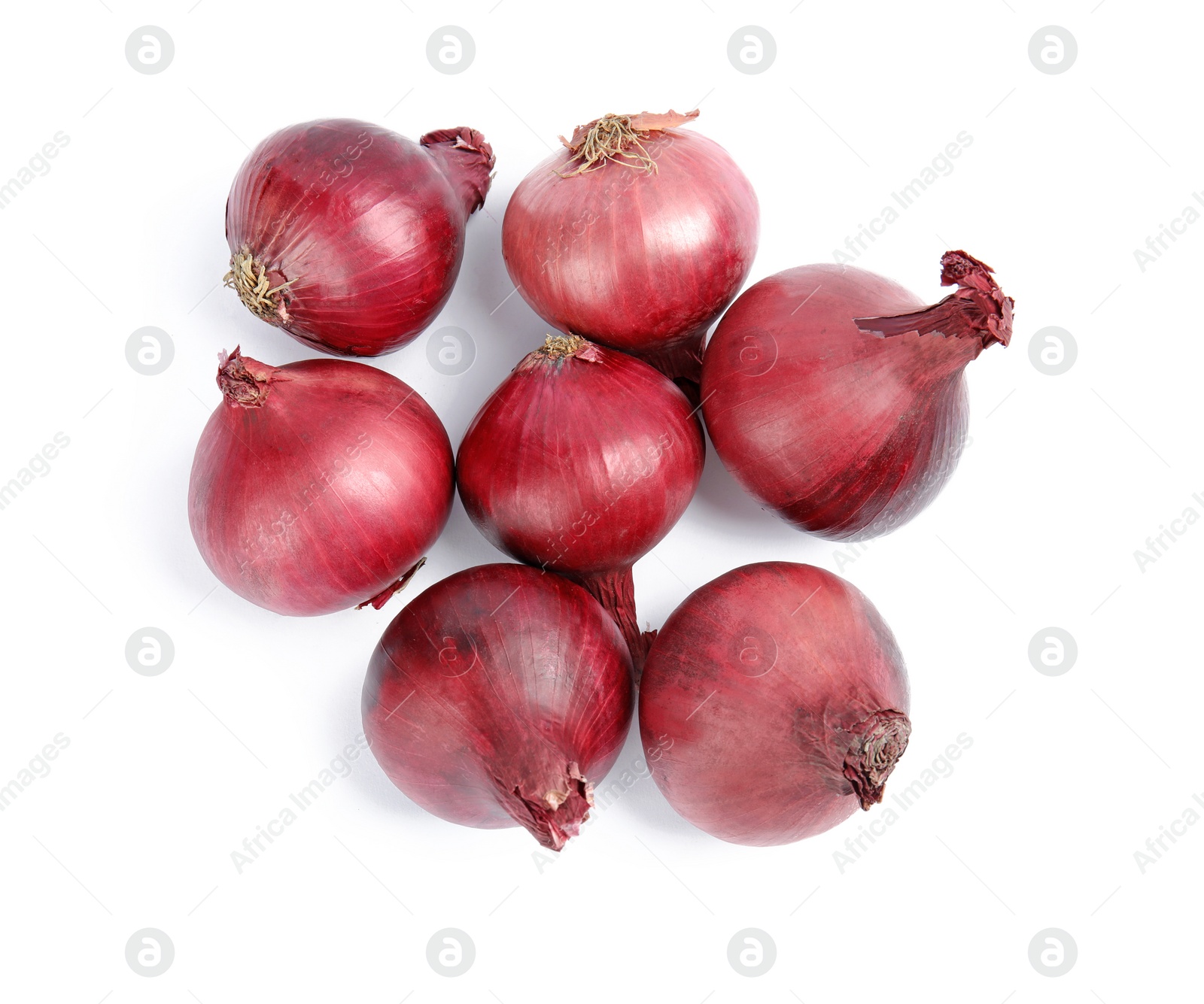 Photo of Ripe red onions on white background