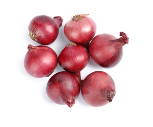 Ripe red onions on white background