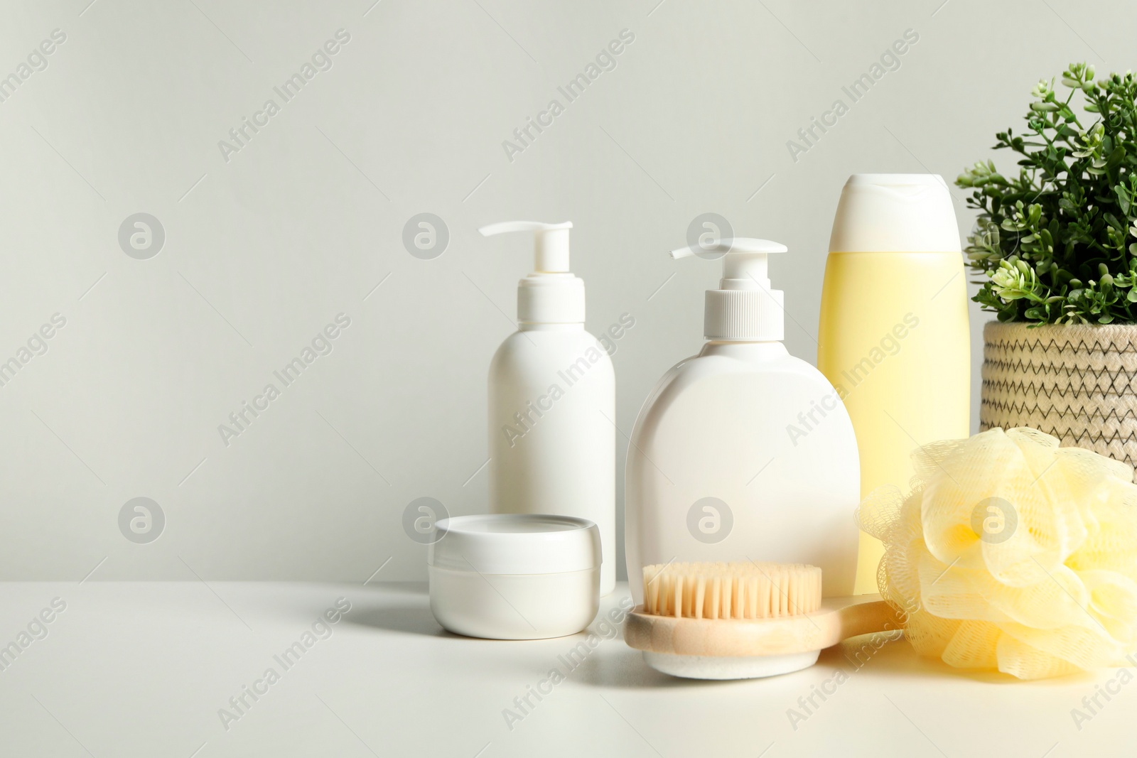 Photo of Different bath accessories and houseplant on white table against grey background. Space for text