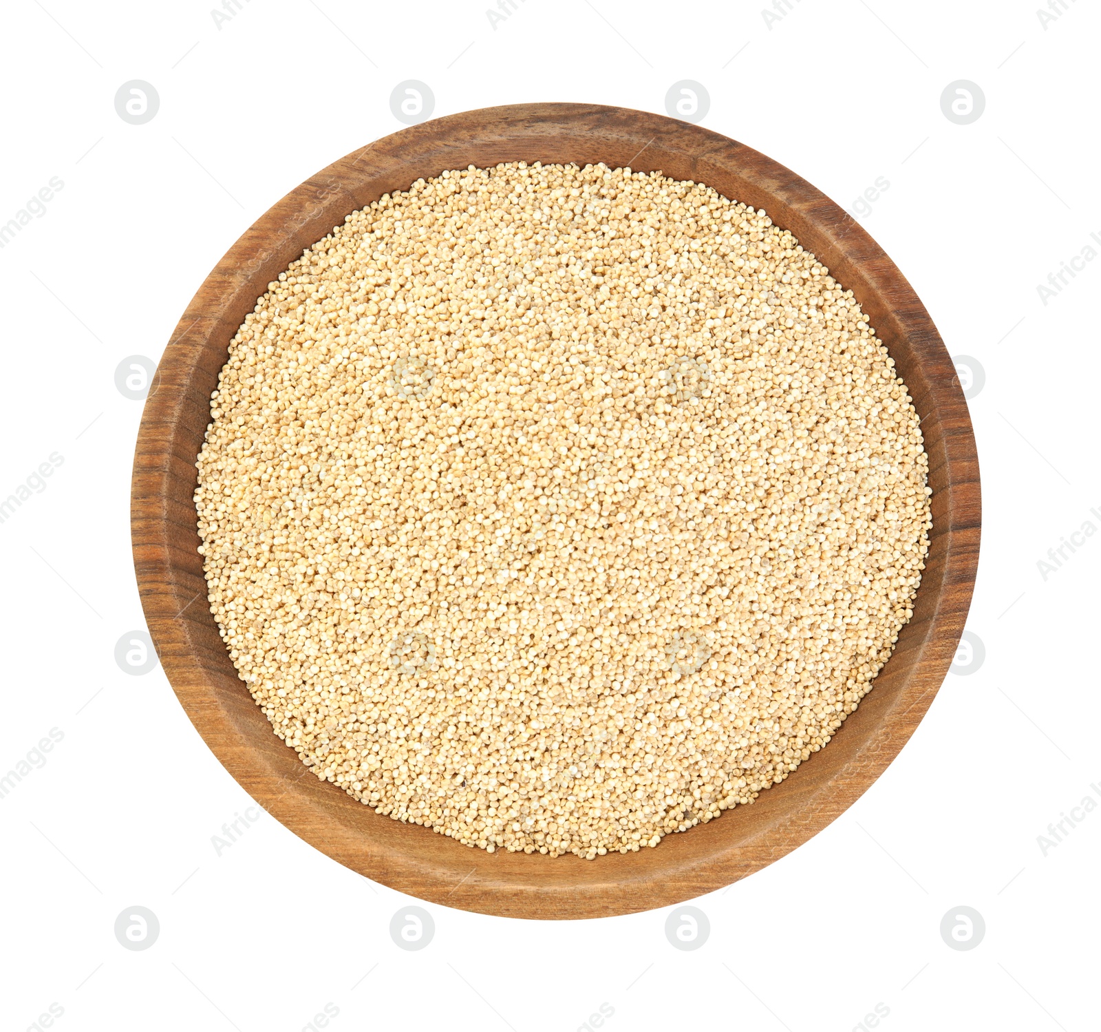 Photo of Wooden bowl with raw quinoa isolated on white, top view