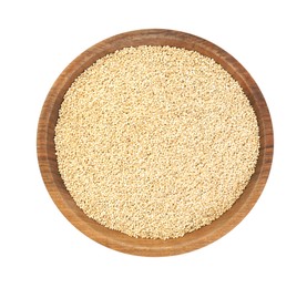 Wooden bowl with raw quinoa isolated on white, top view