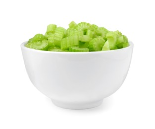 Photo of Bowl of fresh cut celery isolated on white