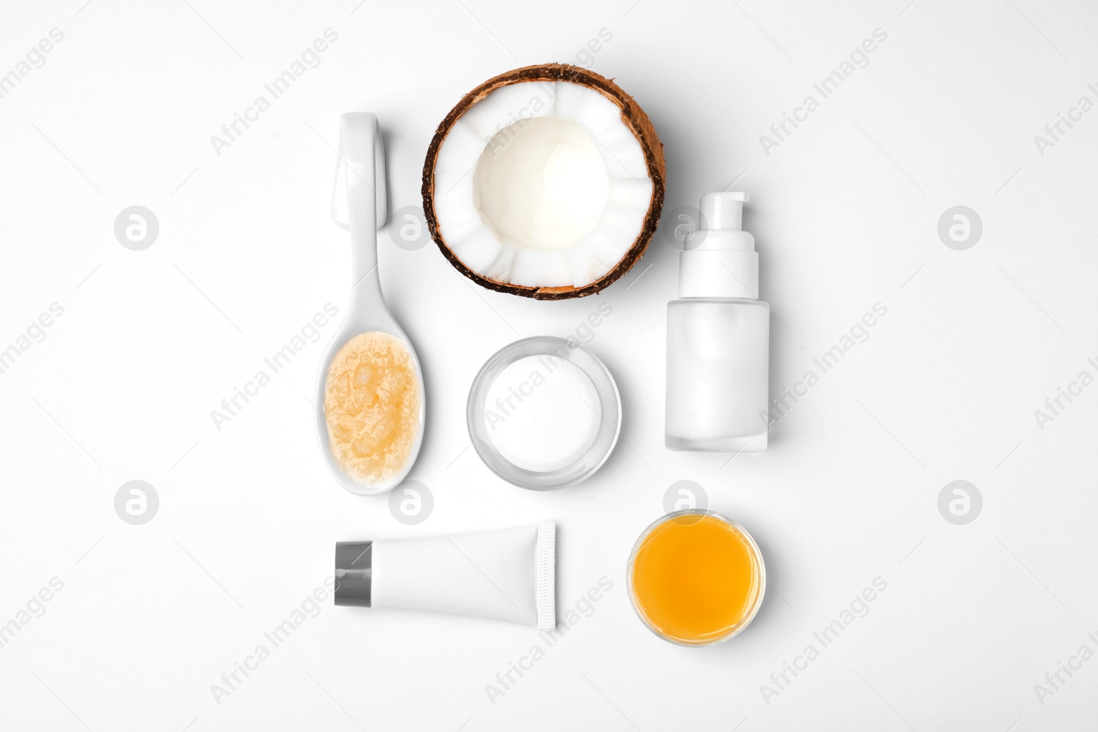 Photo of Homemade effective acne remedy and ingredients on white background