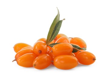 Fresh ripe sea buckthorn berries with leaves on white background