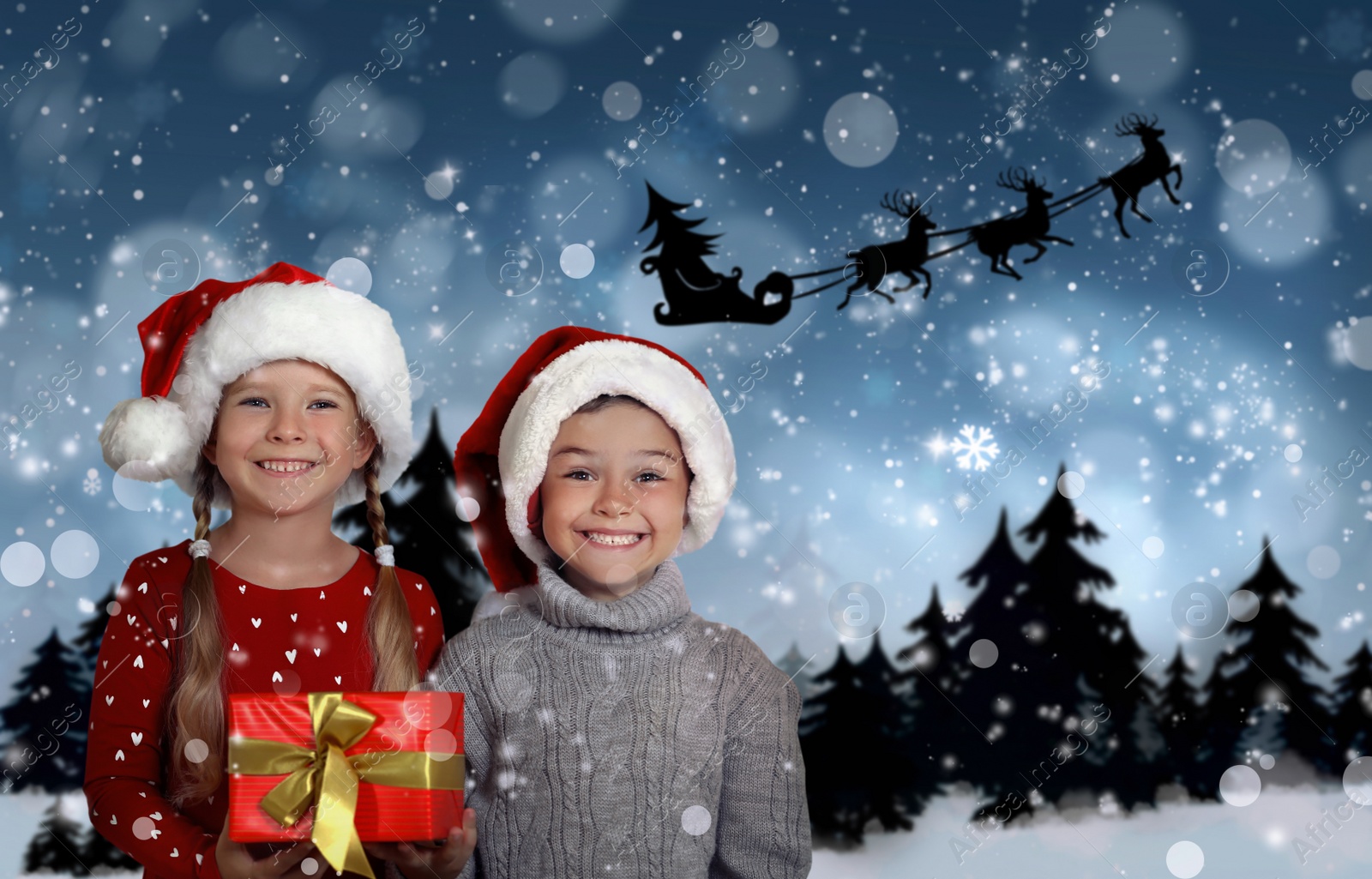 Image of Cute little children and Santa Claus flying in his sleigh against moon sky on background. Christmas celebration