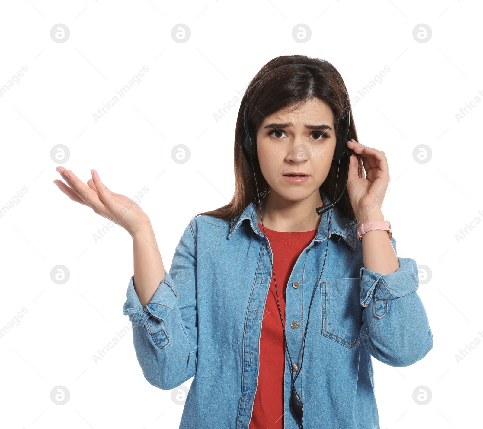 Photo of Technical support operator with headset on white background