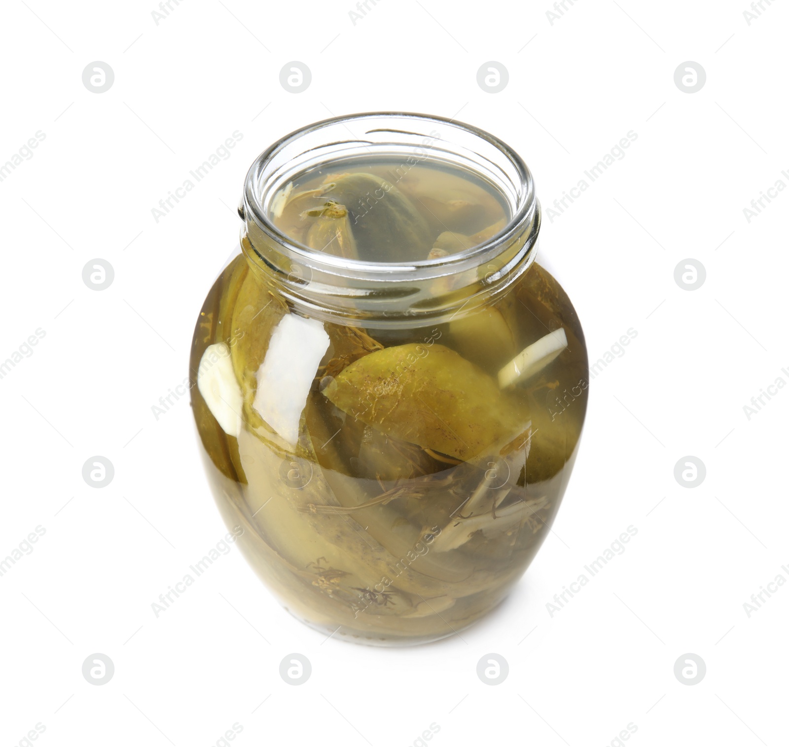 Photo of Jar with pickled cucumbers on white background