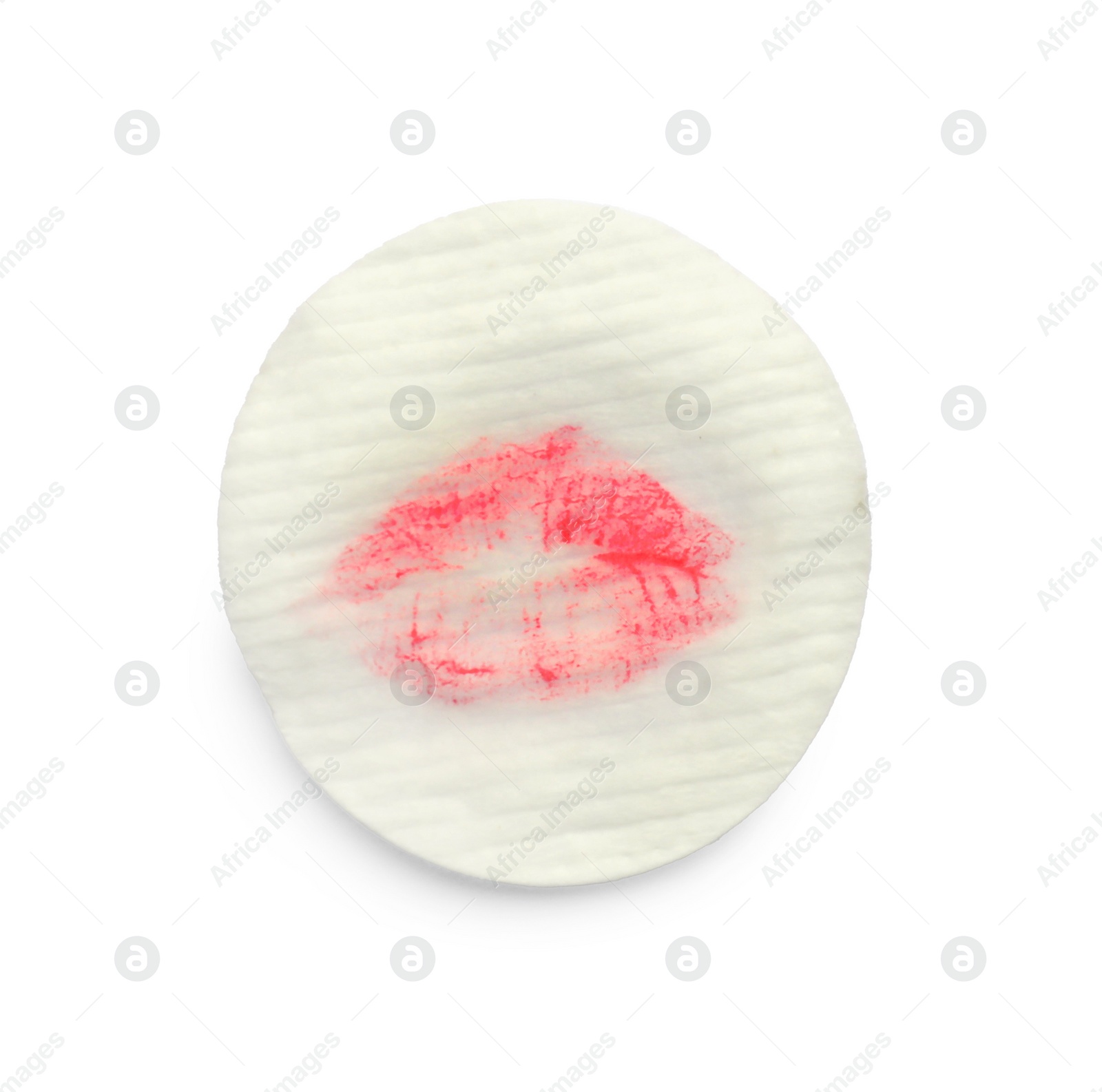 Photo of Dirty cotton pad after removing makeup on white background, top view