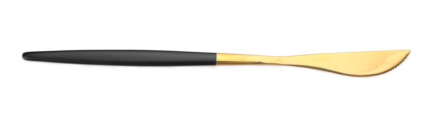 Photo of One shiny golden knife with black handle isolated on white, top view