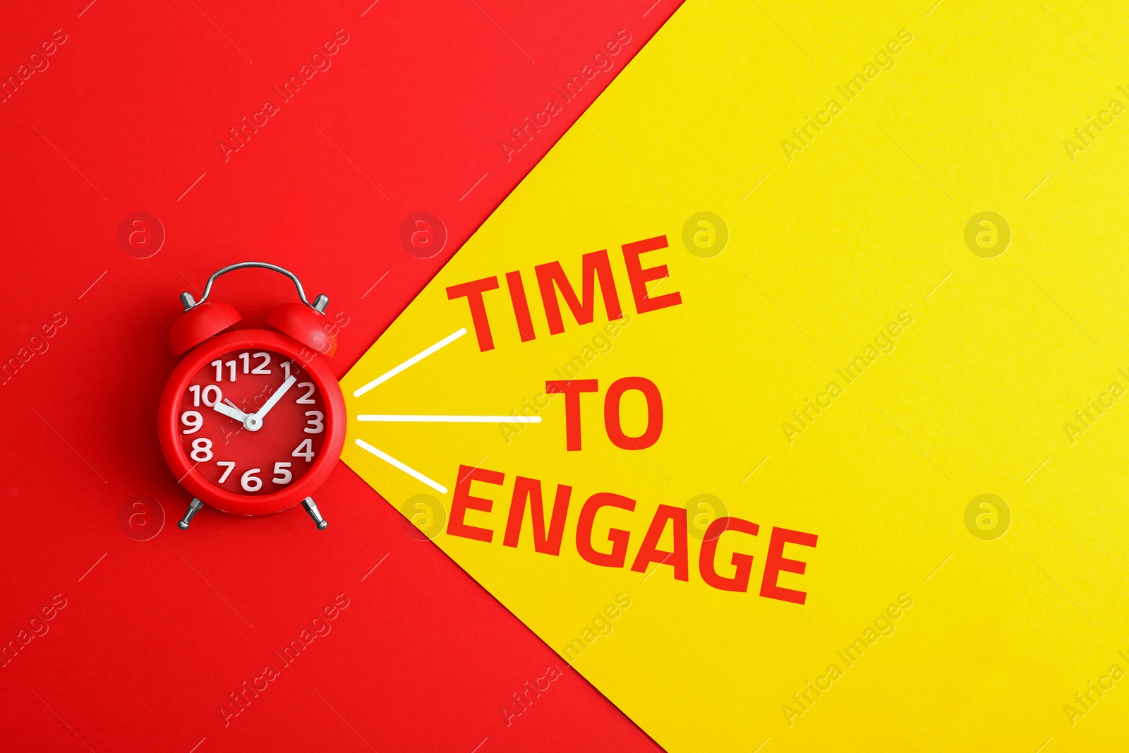 Image of Alarm clock and phrase TIME TO ENGAGE on color background, top view