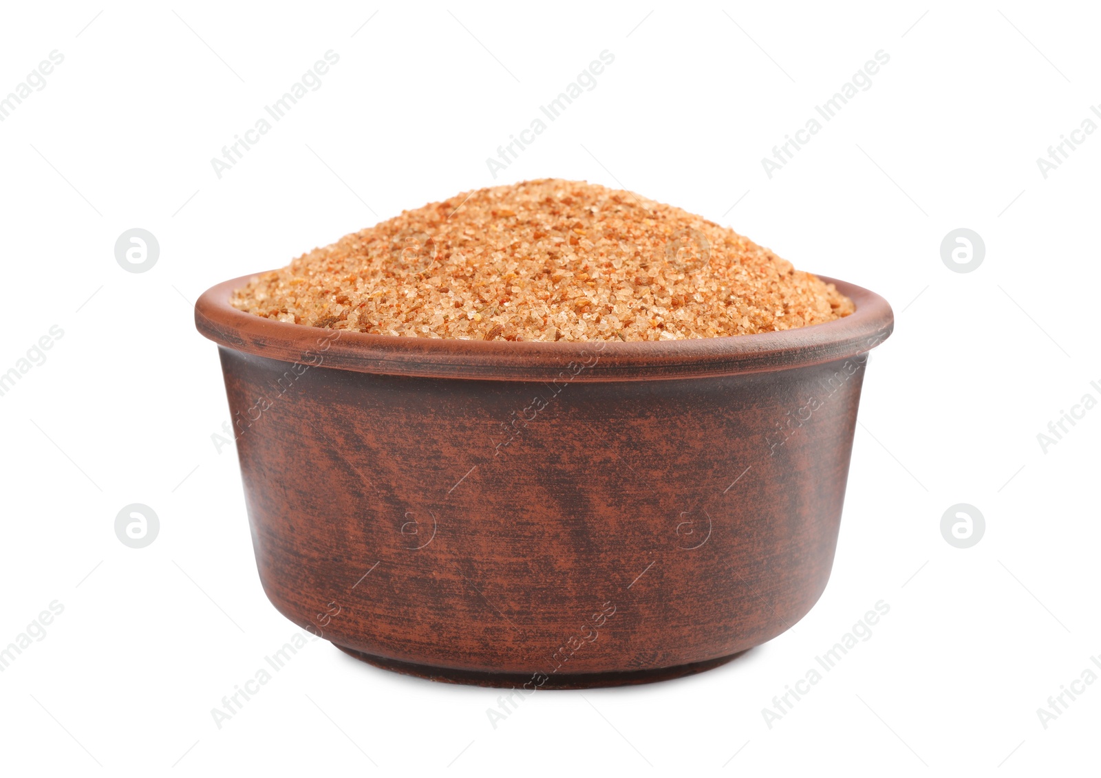 Photo of Pink salt with spices in bowl isolated on white