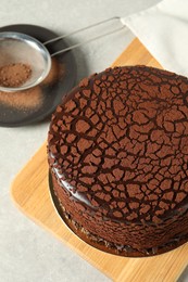 Delicious chocolate truffle cake and cocoa powder on light grey table, above view