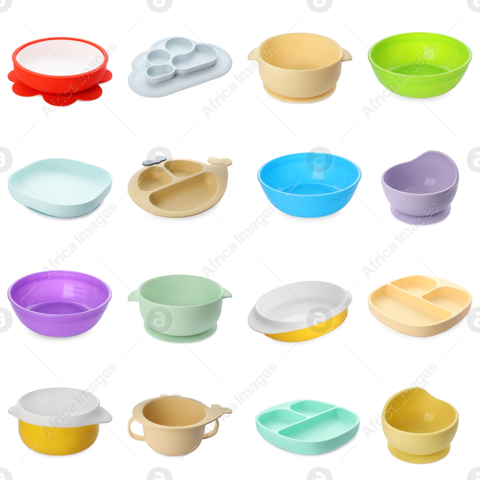 Image of Set with colorful dishware on white background. Serving baby food