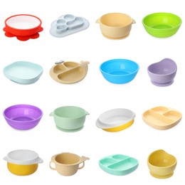 Image of Set with colorful dishware on white background. Serving baby food