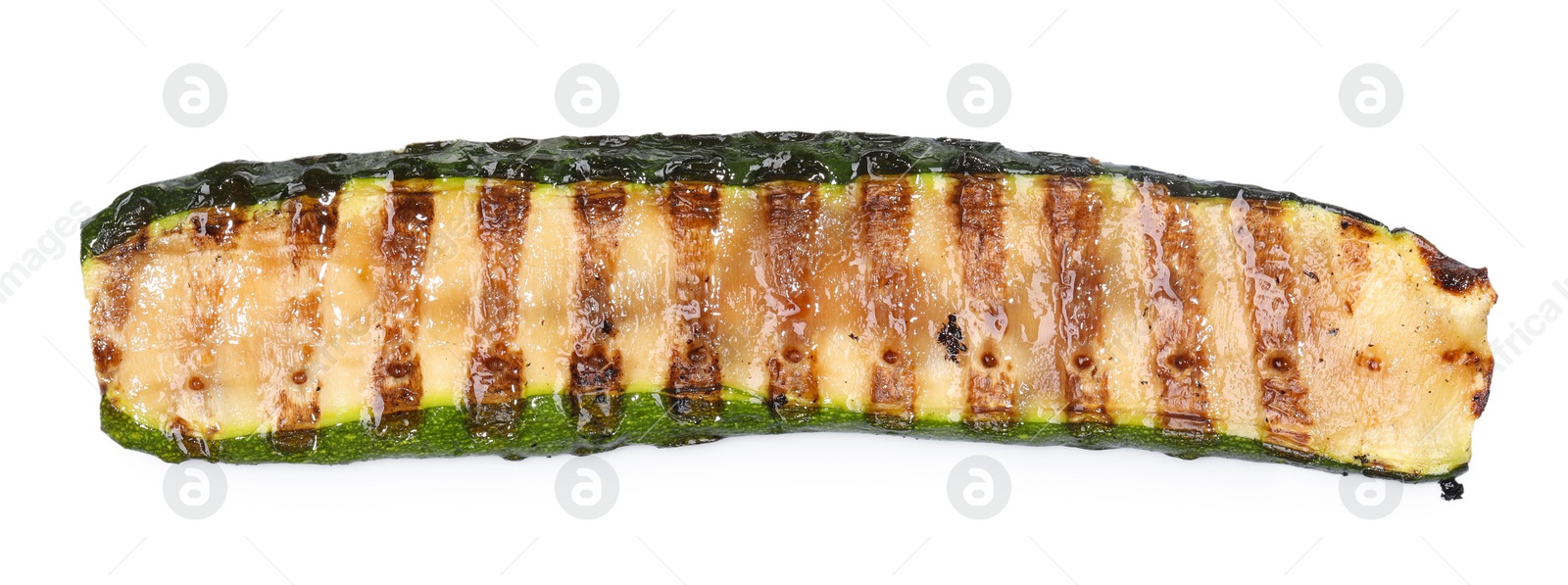 Photo of Slice of delicious grilled zucchini isolated on white, top view