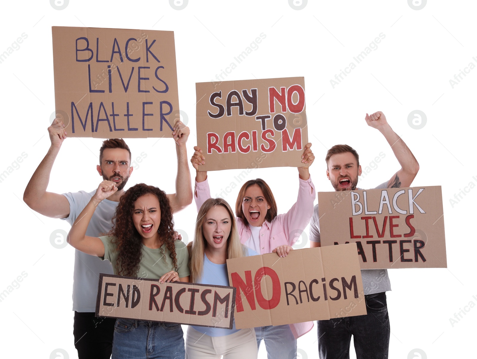 Photo of Protesters demonstrating different anti racism slogans on white background. People holding signs with phrases