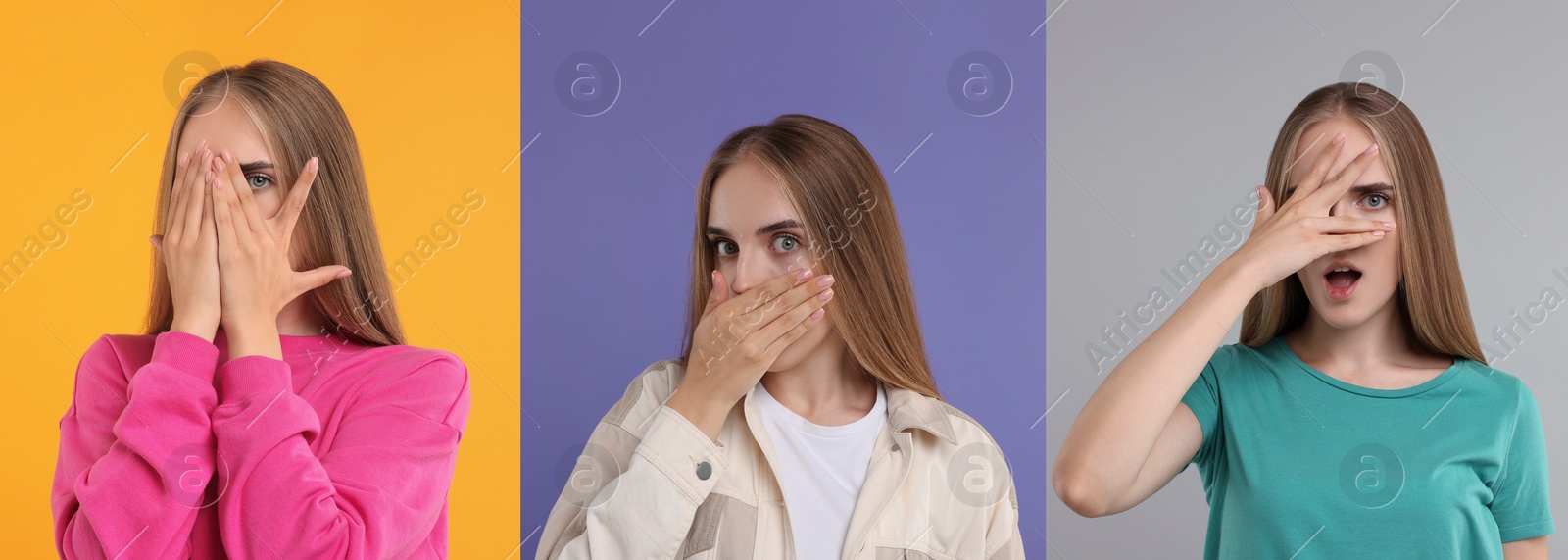 Image of Collage with photos of embarrassed woman on different color backgrounds