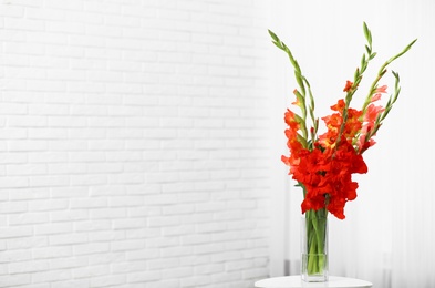 Photo of Vase with beautiful gladiolus flowers on wooden table indoors. Space for text