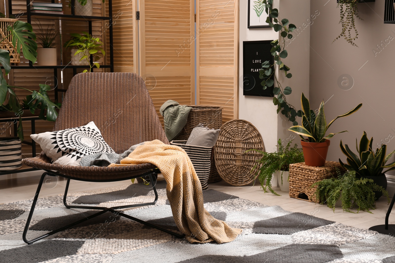 Photo of Lounge area interior with comfortable armchair and beautiful houseplants