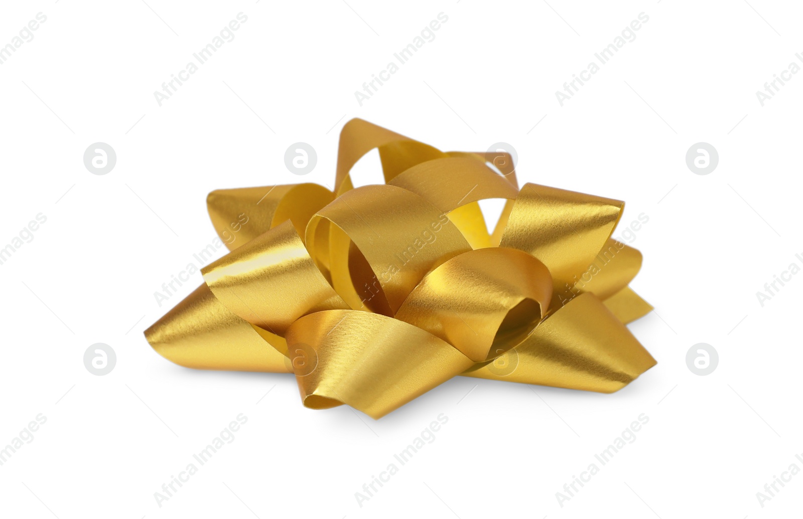 Photo of Golden gift bow isolated on white. Festive decor