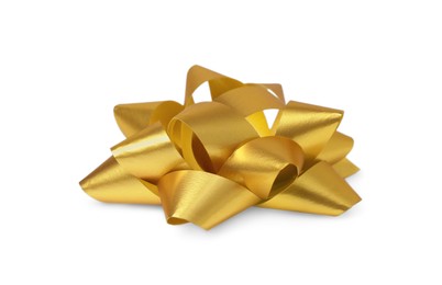 Photo of Golden gift bow isolated on white. Festive decor