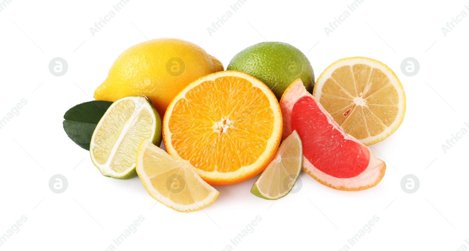 Photo of Fresh ripe citrus fruits and green leaf isolated on white