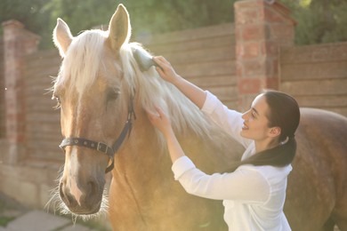 Photo of Woman brushing adorable horse outdoors. Pet care