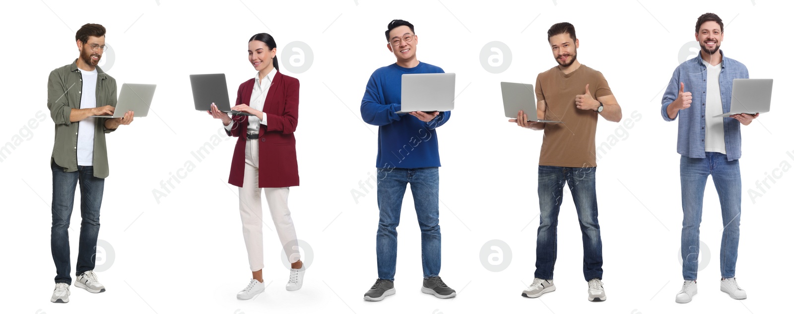 Image of People with laptops on white background, collage design