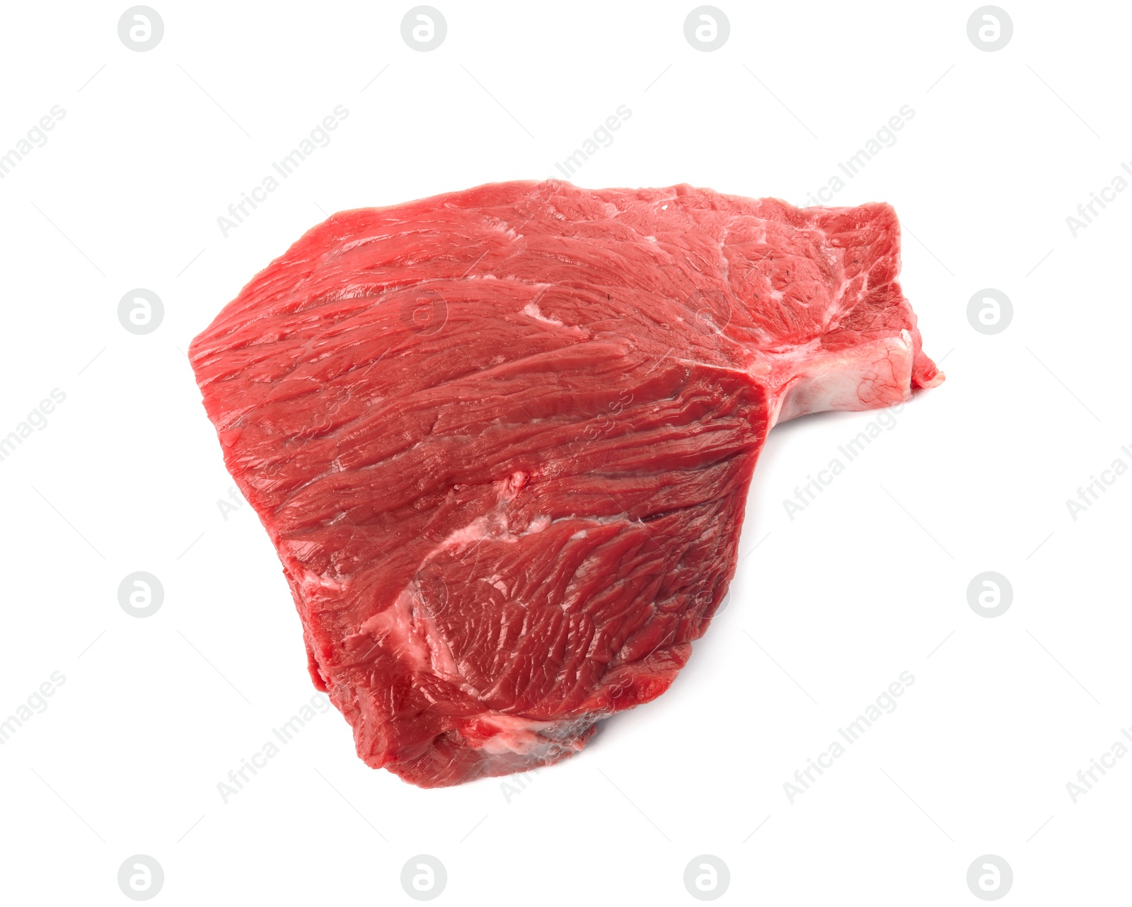 Photo of Fresh raw beef steak isolated on white, top view