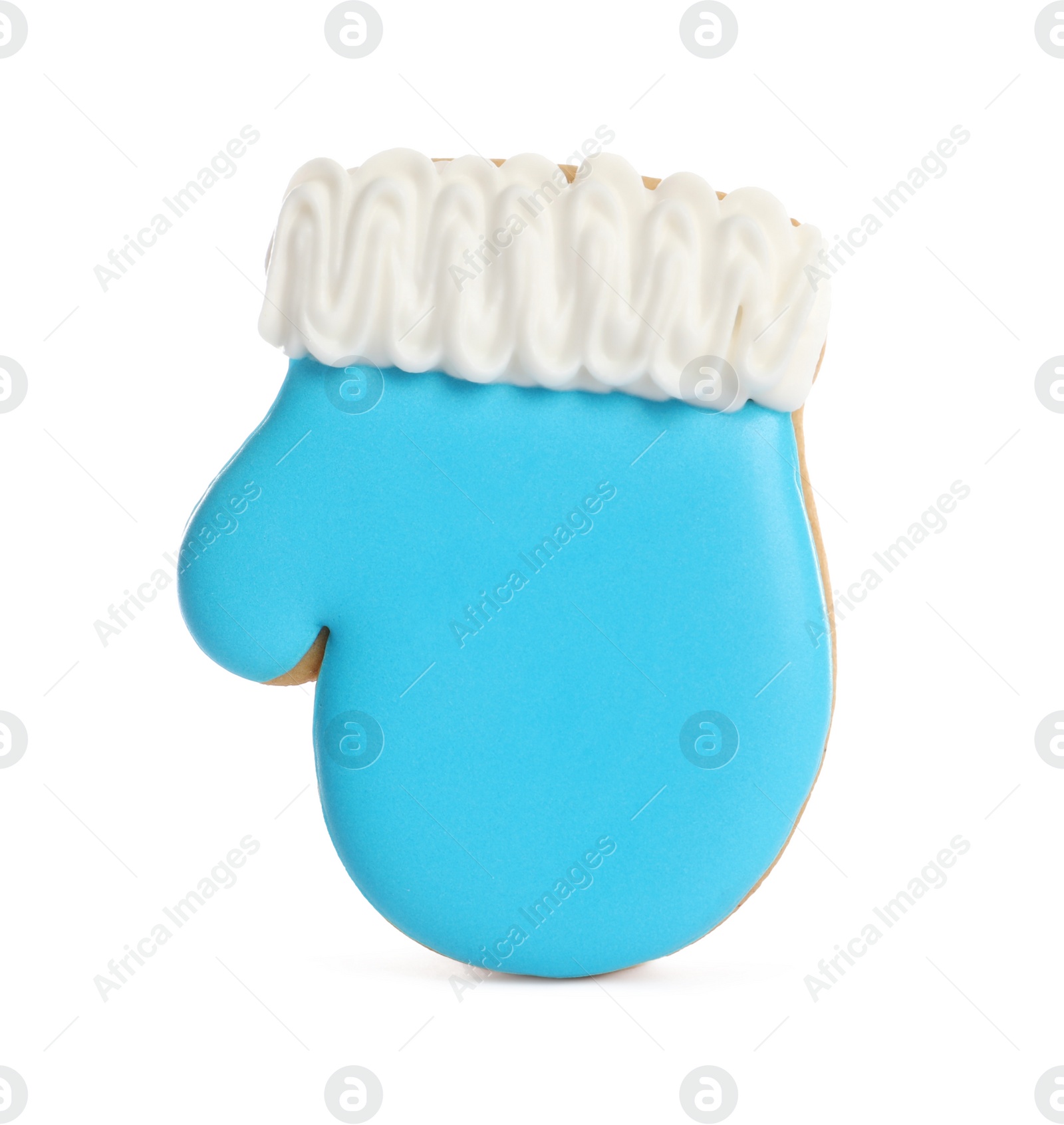 Photo of Tasty gingerbread cookie in shape of mitten on white background. St. Nicholas Day celebration