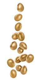 Image of Shiny golden eggs falling on white background