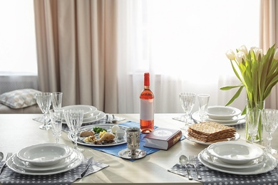 Table served for Passover (Pesach) Seder indoors