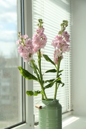 Photo of Beautiful pink flowers in vase on windowsill