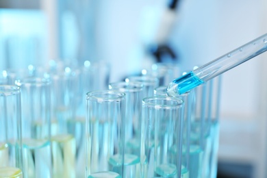 Dripping reagent into test tube with sample at laboratory, closeup. Chemical analysis