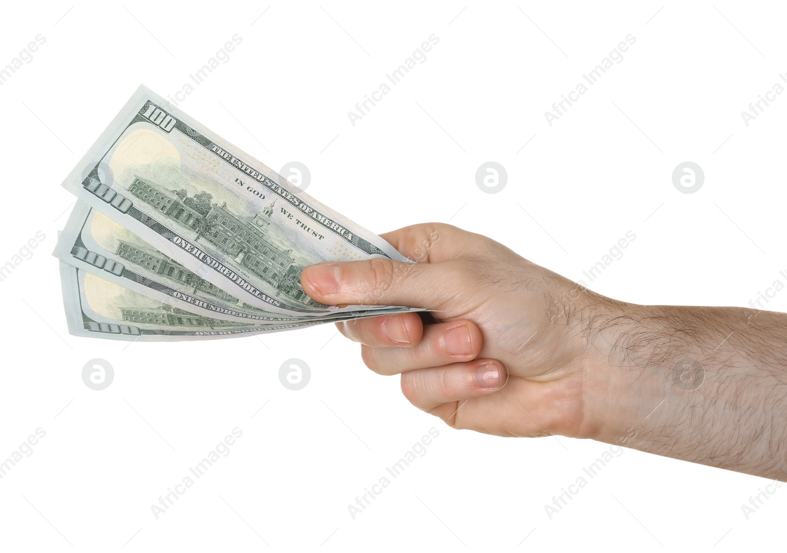 Photo of Man with dollar bills on white background, closeup