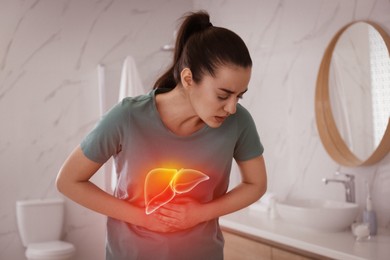 Image of Sick woman suffering from pain in bathroom and illustration of unhealthy liver. Hepatitis disease