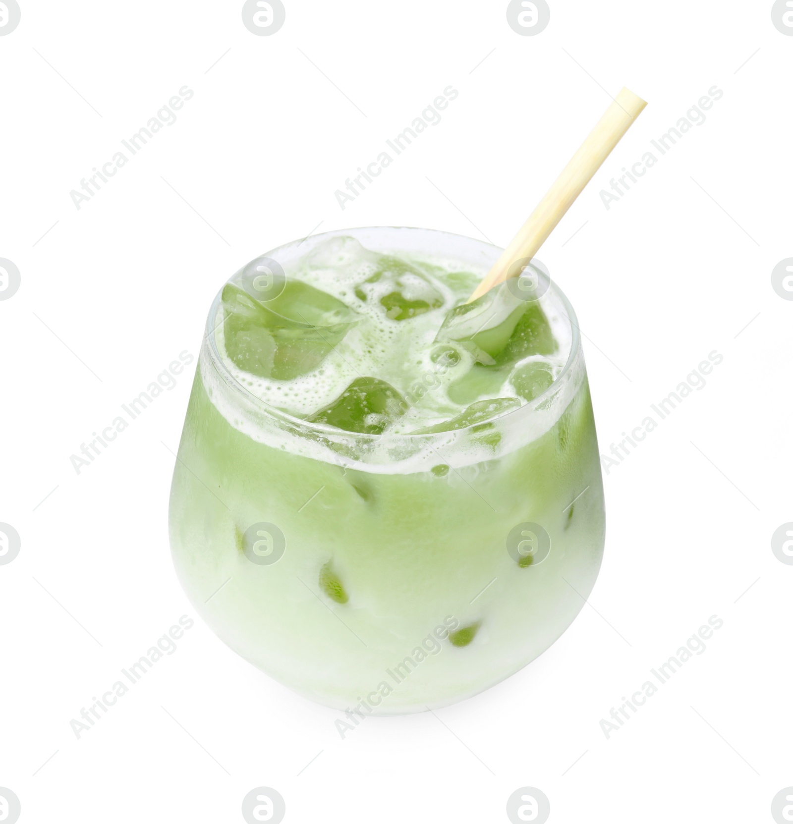 Photo of Glass of tasty iced matcha latte isolated on white