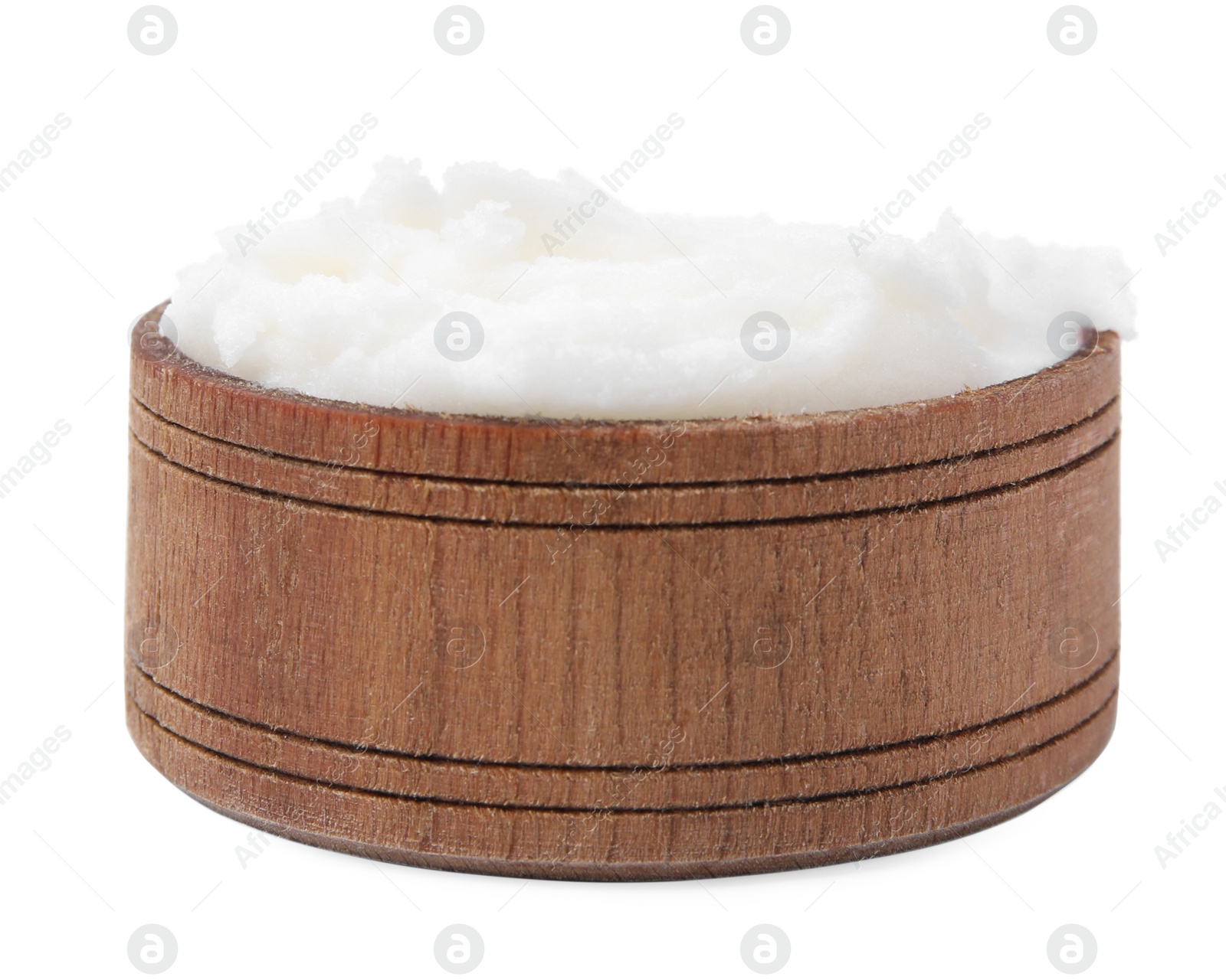 Photo of Delicious pork lard in wooden bowl isolated on white