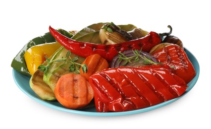 Photo of Different delicious grilled vegetables on white background