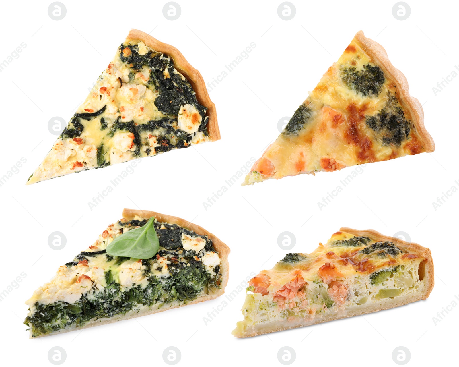 Image of Pieces of different quiches isolated on white, collage with top and side views