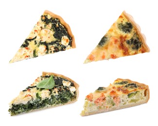 Image of Pieces of different quiches isolated on white, collage with top and side views