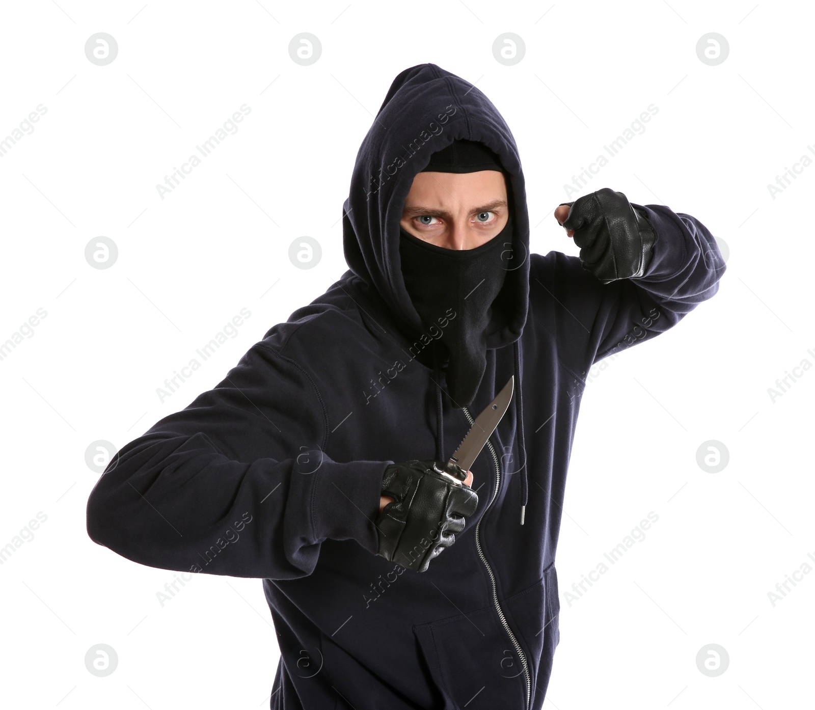 Photo of Man in mask with knife on white background. Dangerous criminal