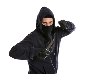Photo of Man in mask with knife on white background. Dangerous criminal