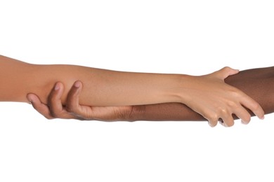 Photo of Woman and African American man holding hands on white background, closeup