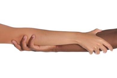 Woman and African American man holding hands on white background, closeup