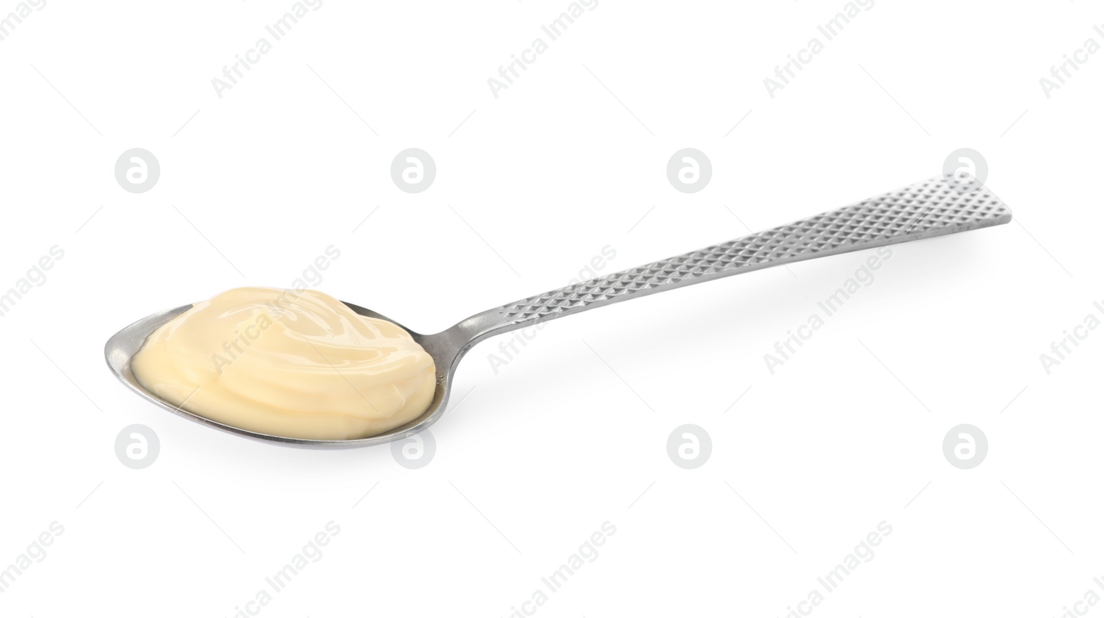 Photo of Spoon with tasty mayonnaise isolated on white